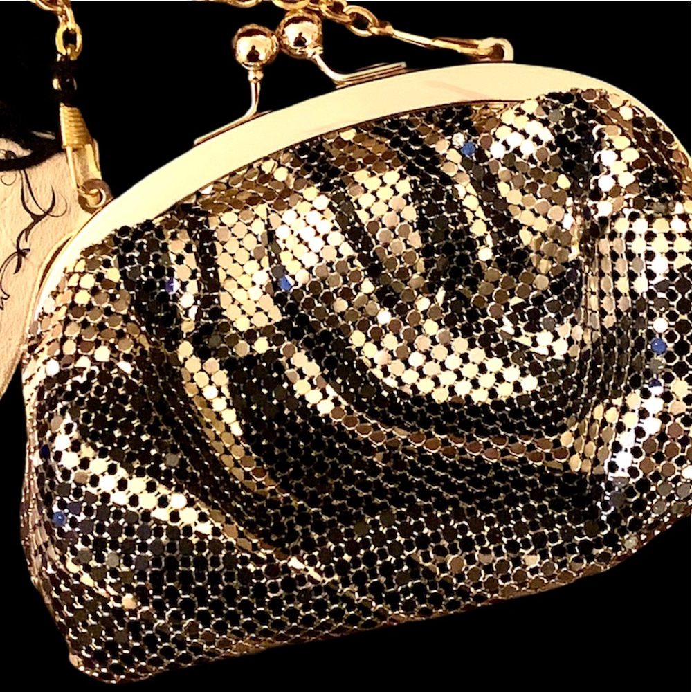 URBAN EXPRESSIONS animal print metallic mesh evening bag black gold vegan NWT - Picture 5 of 9